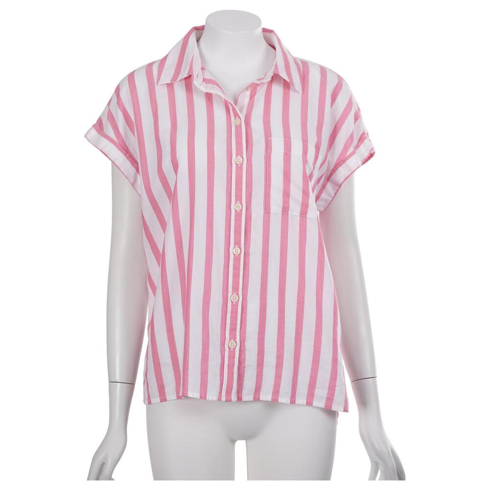 Style & Co Shirt S Pink White Striped 100% Cotton Button-Up Short Sleeve Casual
